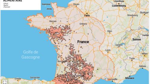 Localisation des foyers de maladie hémorragique (MHE) détectés en France.