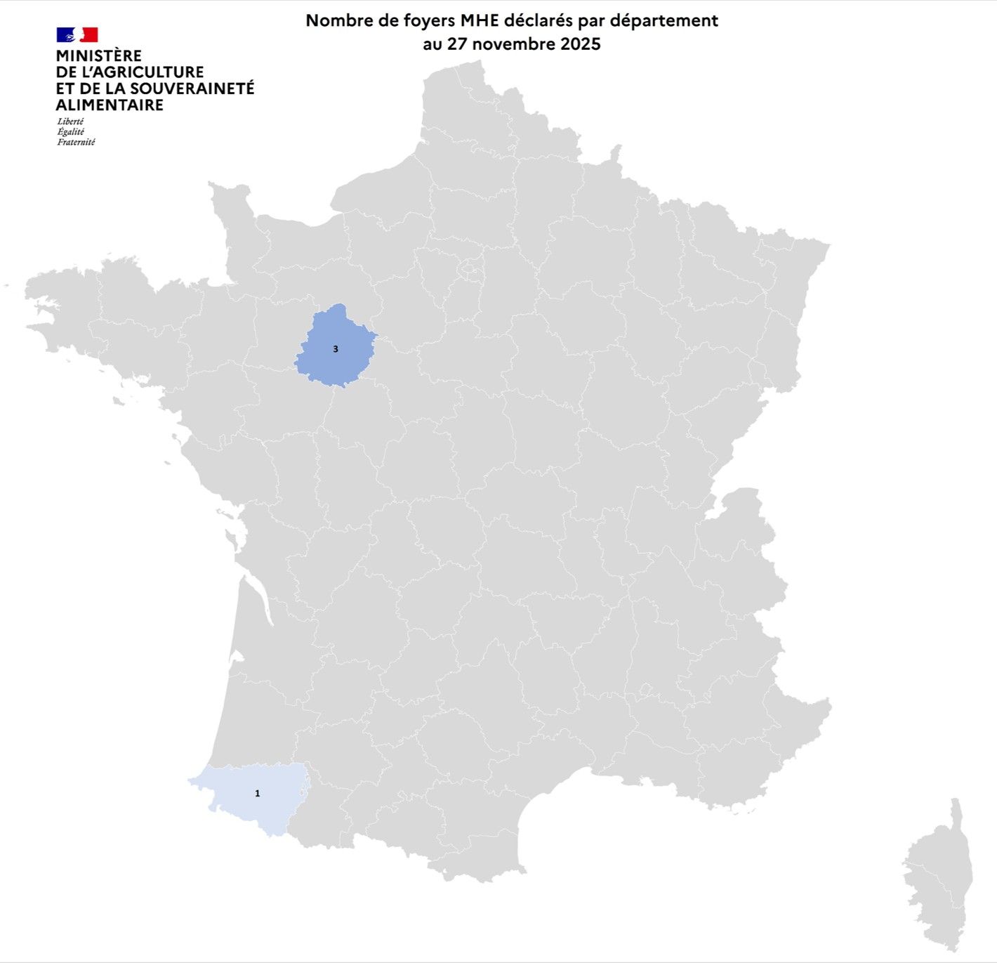 Localisation des foyers de maladie hémorragique (MHE) détectés en France.