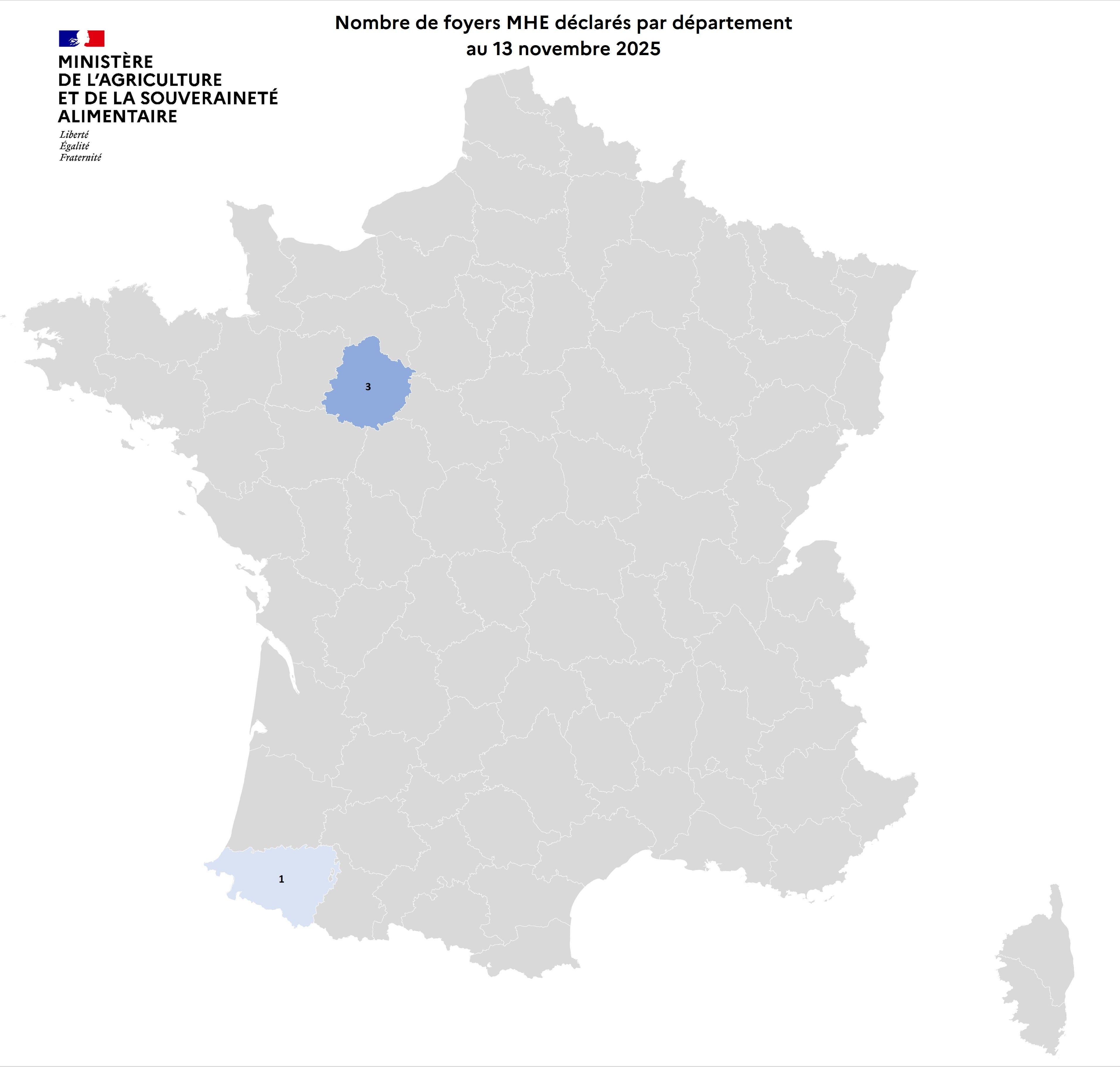 Localisation des foyers de maladie hémorragique (MHE) détectés en France.