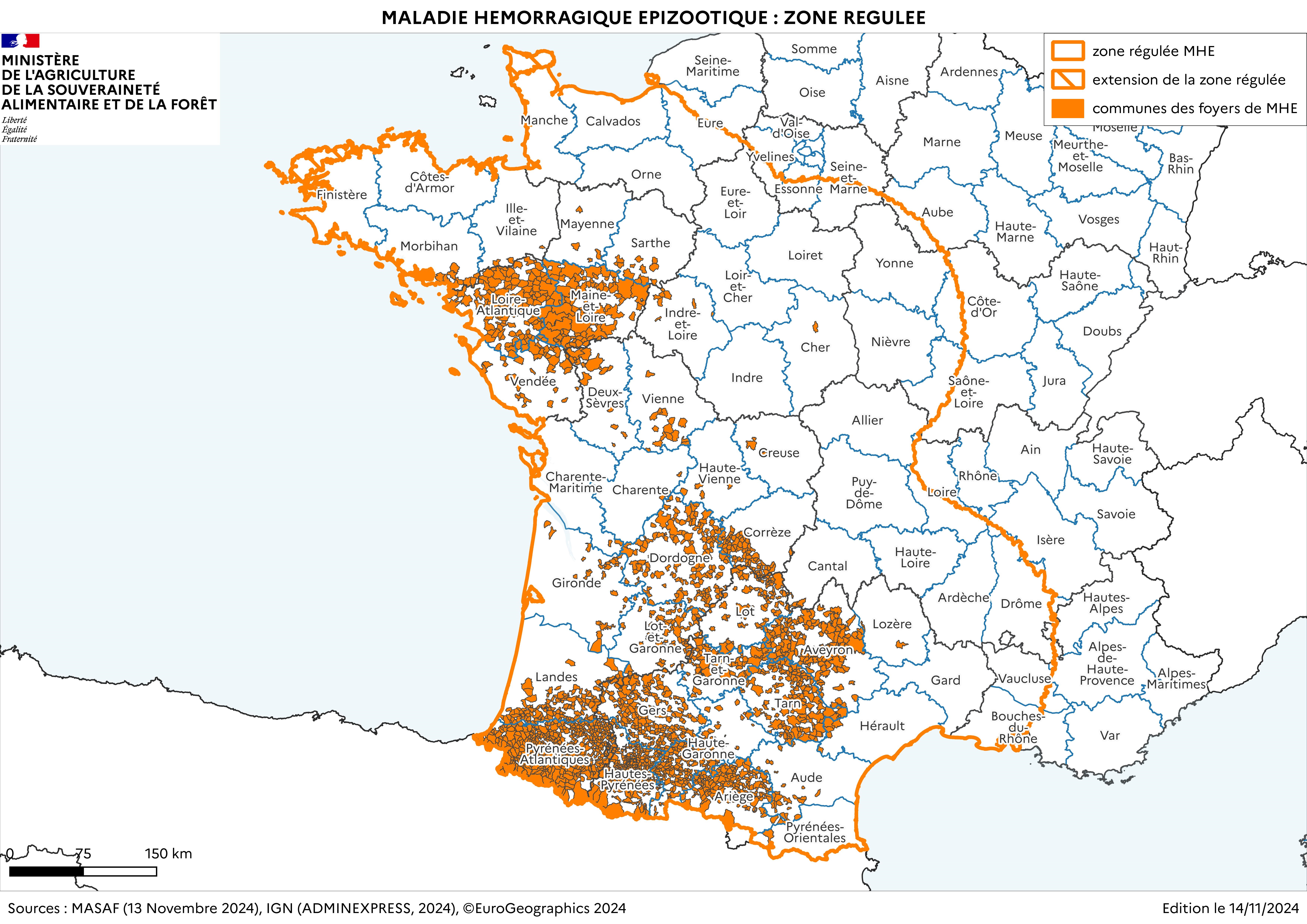 Localisation des foyers de maladie hémorragique (MHE) détectés en France.