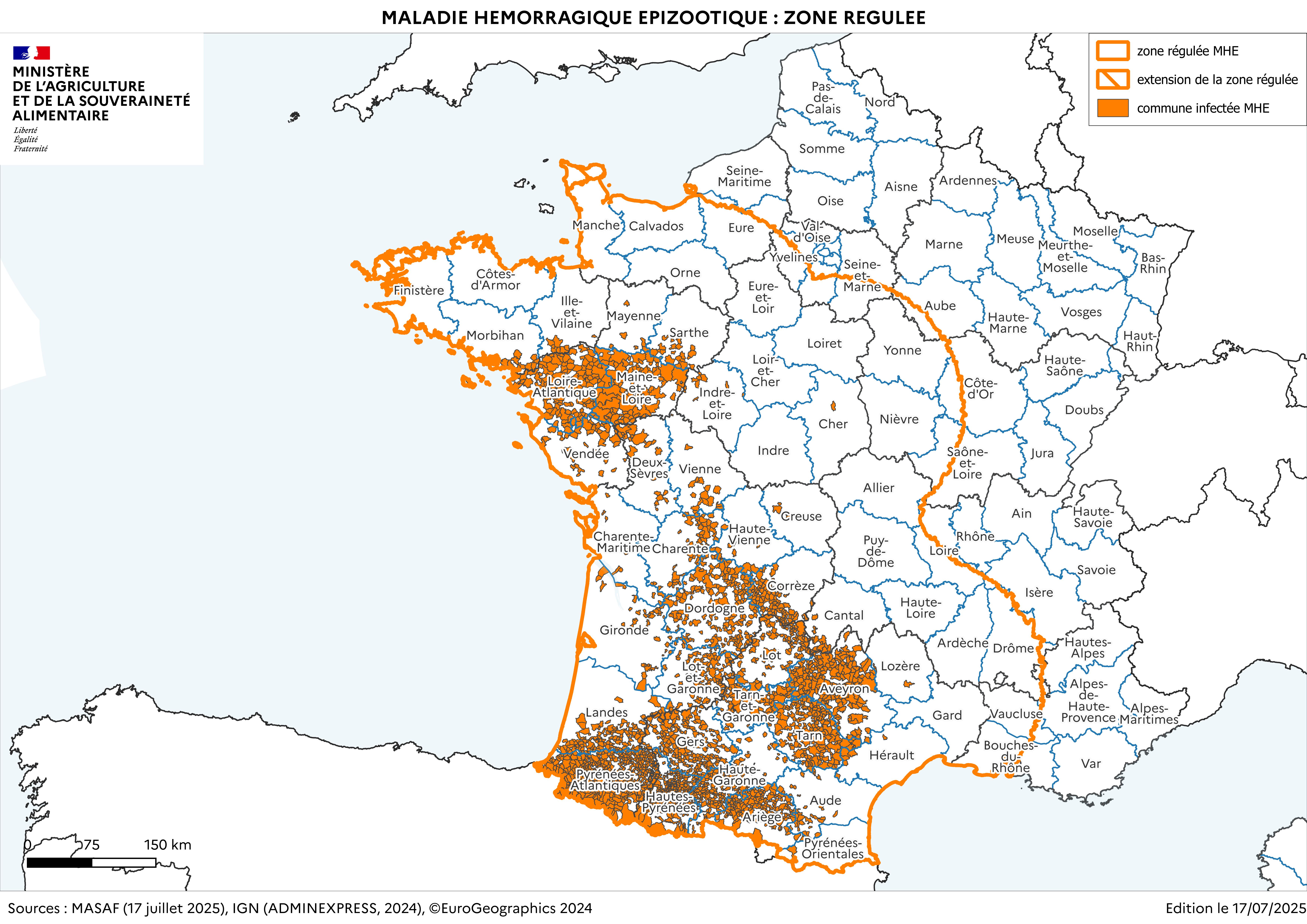 Localisation des foyers de maladie hémorragique (MHE) détectés en France.