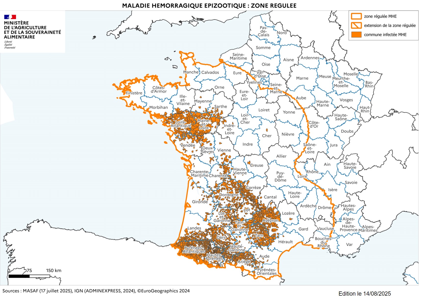 Localisation des foyers de maladie hémorragique (MHE) détectés en France.