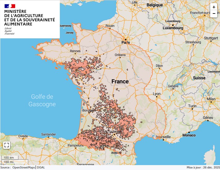 Localisation des foyers de maladie hémorragique (MHE) détectés en France.