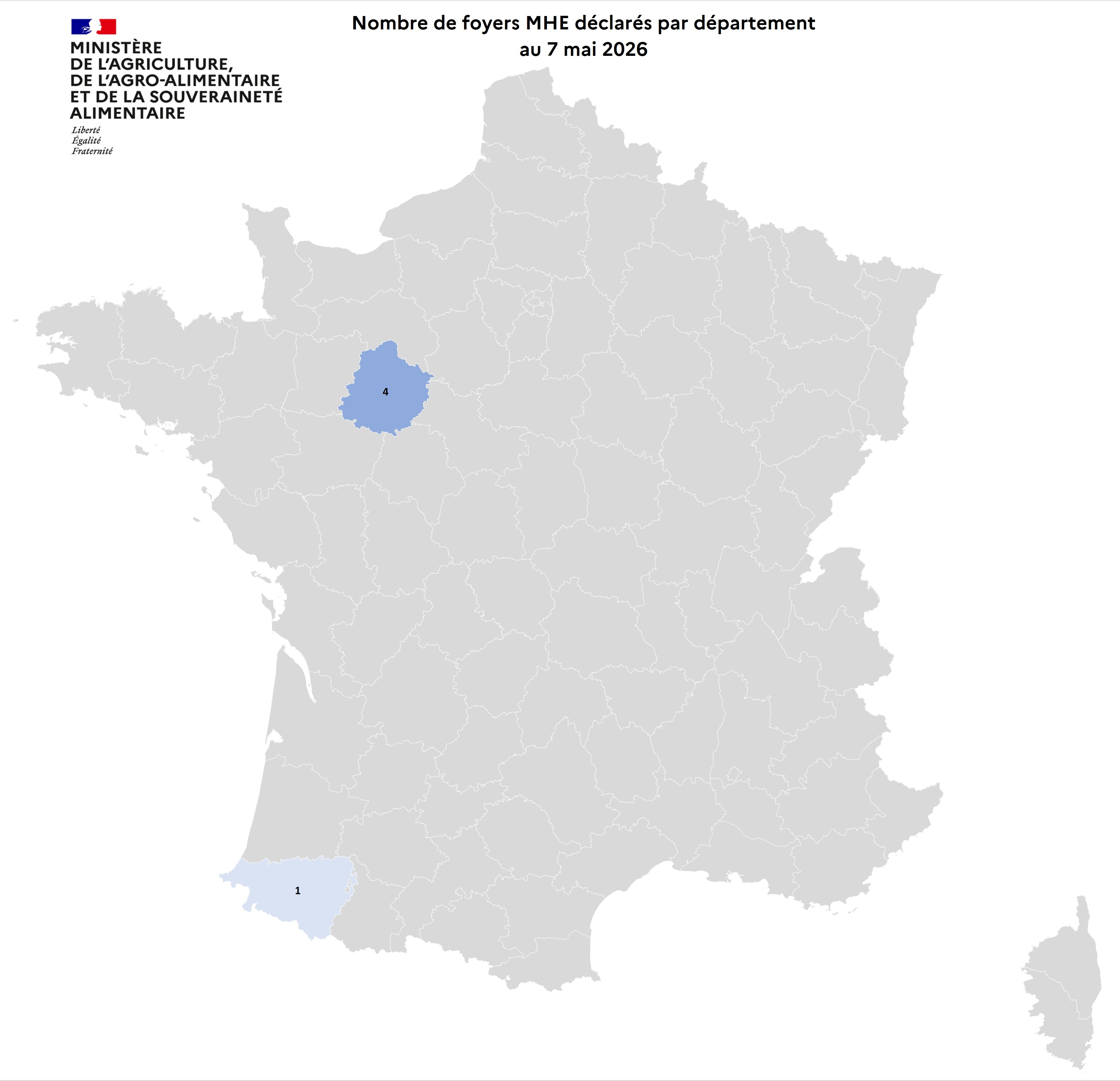 Localisation des foyers de maladie hémorragique (MHE) détectés en France.