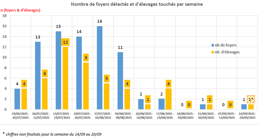 DNC - Graphique du nombre de foyers détectés et d'élevages touchés par semaine