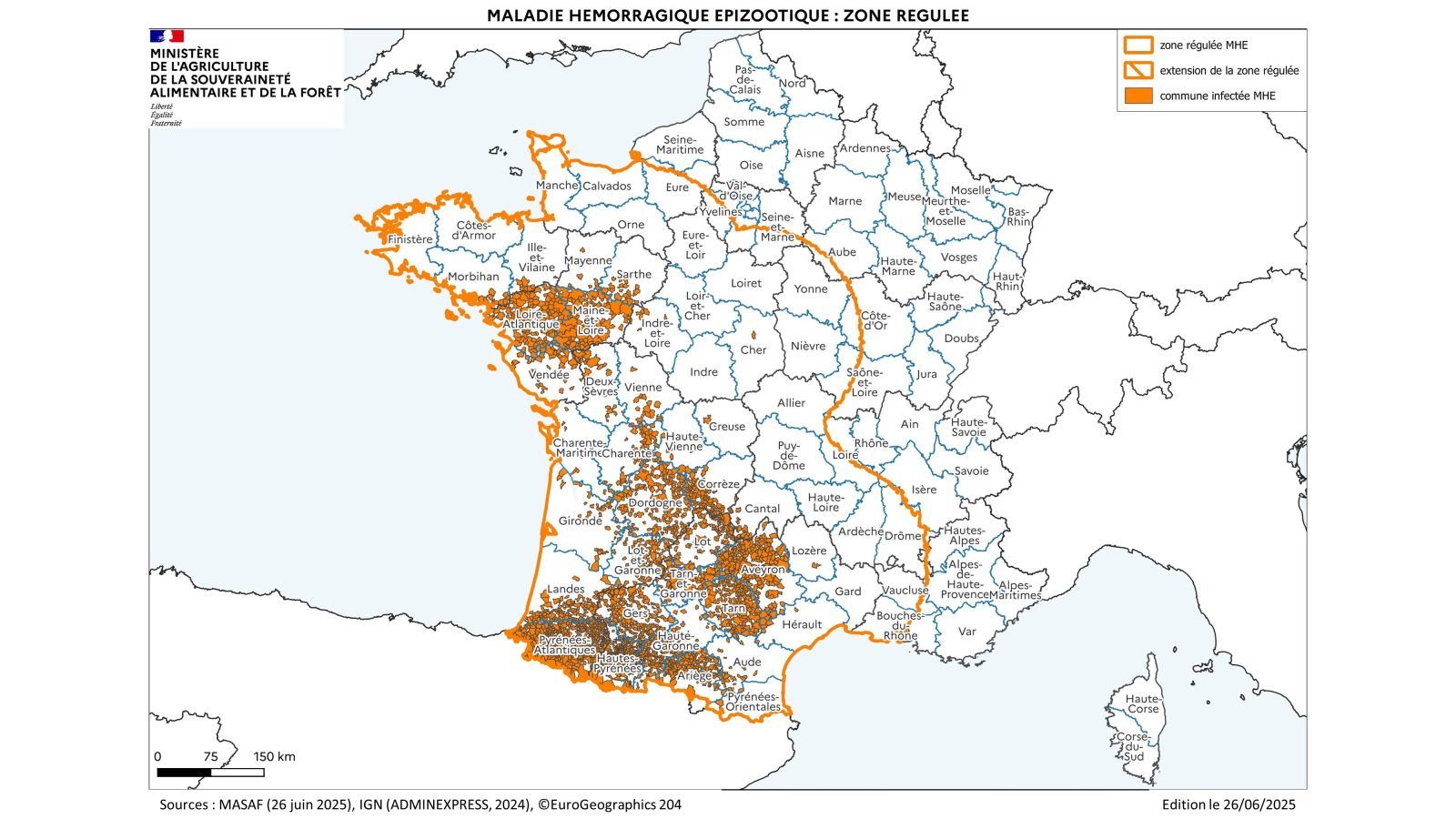 Localisation des foyers de maladie hémorragique (MHE) détectés en France.