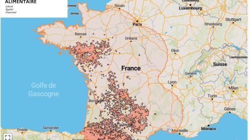 Localisation des foyers de maladie hémorragique (MHE) détectés en France.