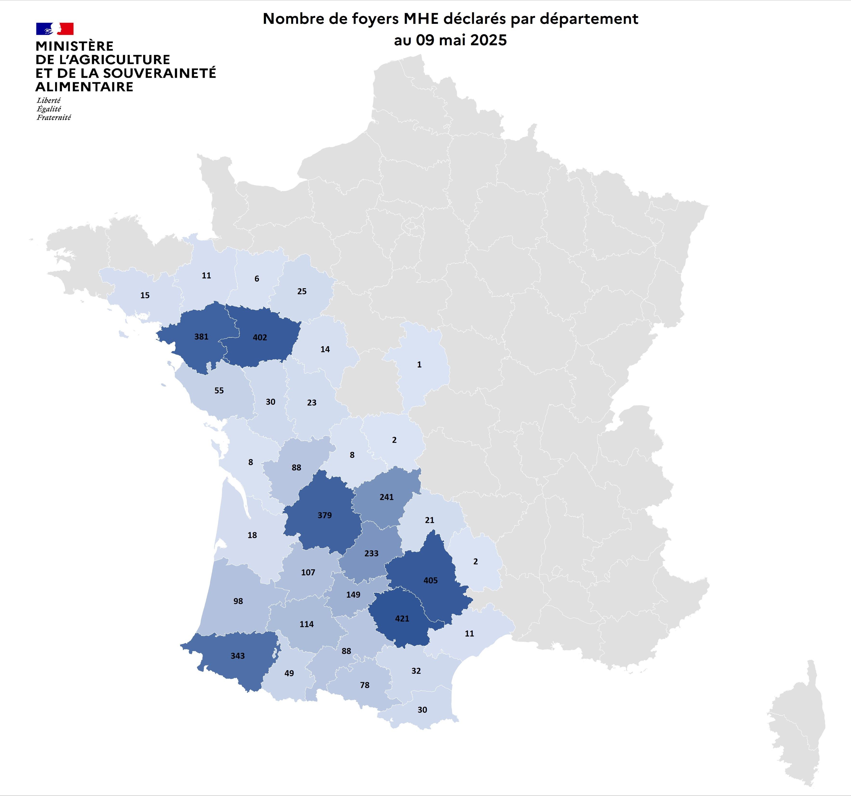Localisation des foyers de maladie hémorragique (MHE) détectés en France.