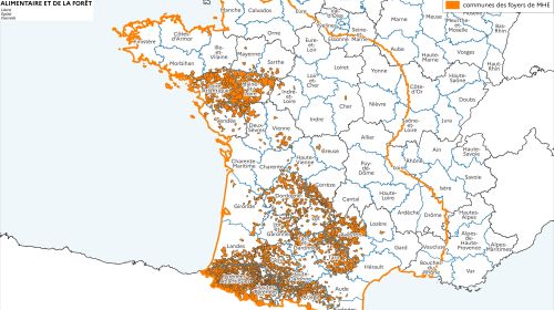 Localisation des foyers de maladie hémorragique (MHE) détectés en France.