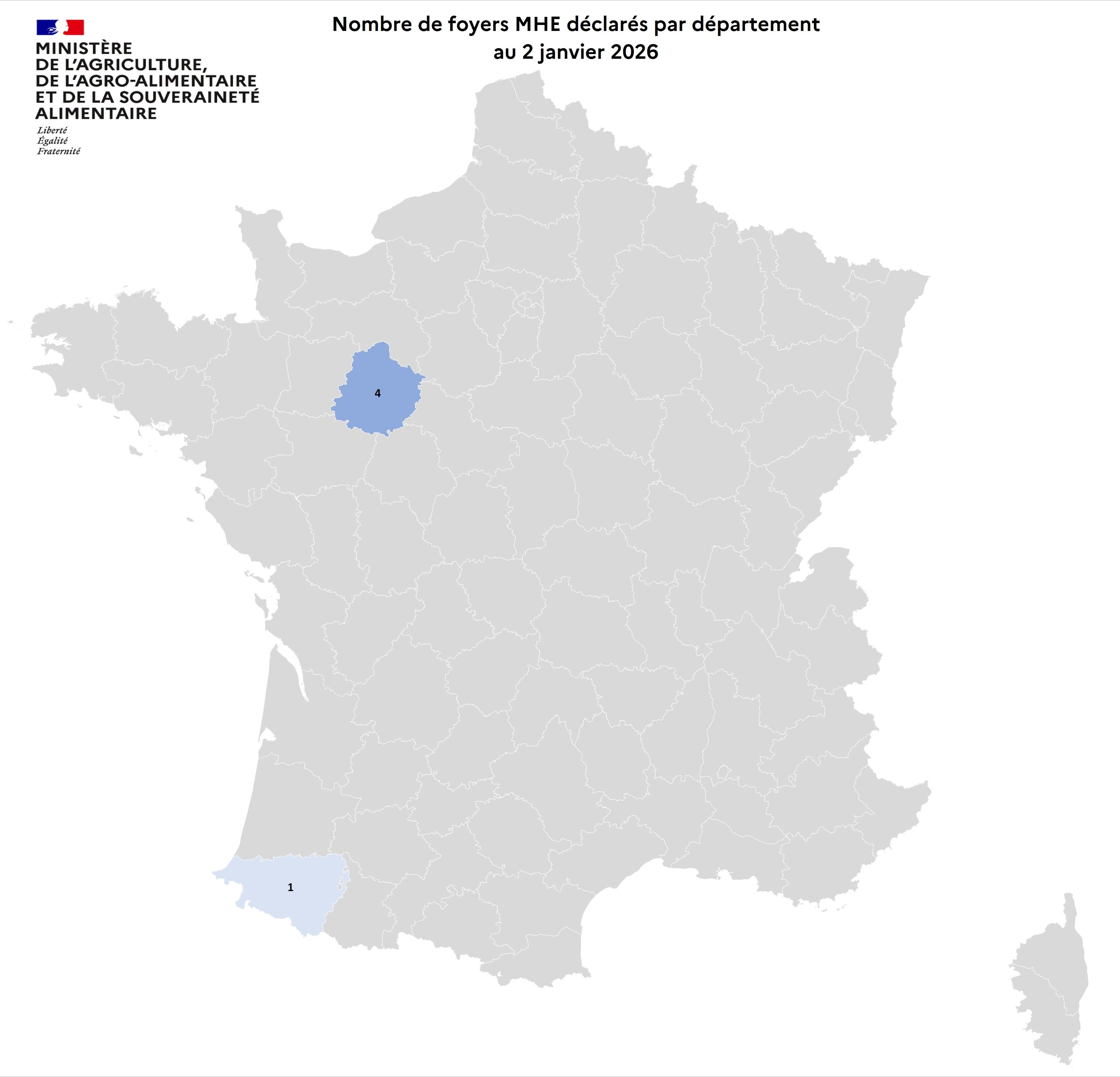 Localisation des foyers de maladie hémorragique (MHE) détectés en France.